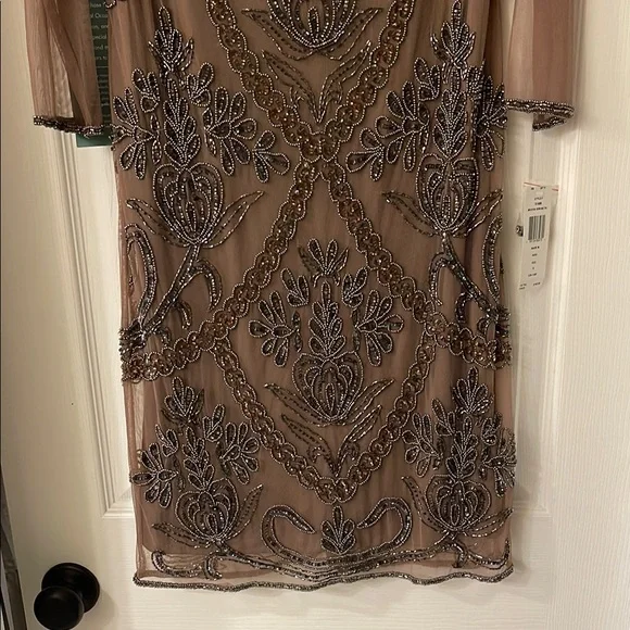 Brown Sequin Embellished Gown with 3/4 Sleeves - Picture 3 of 11